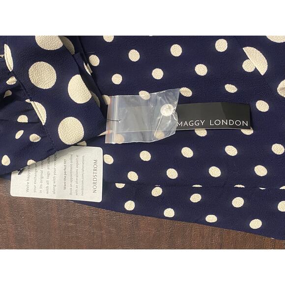 Maggy London Navy White Polka Dot Midi Dress Size 16 NWT High Neck Long Sleeve - Picture 10 of 10